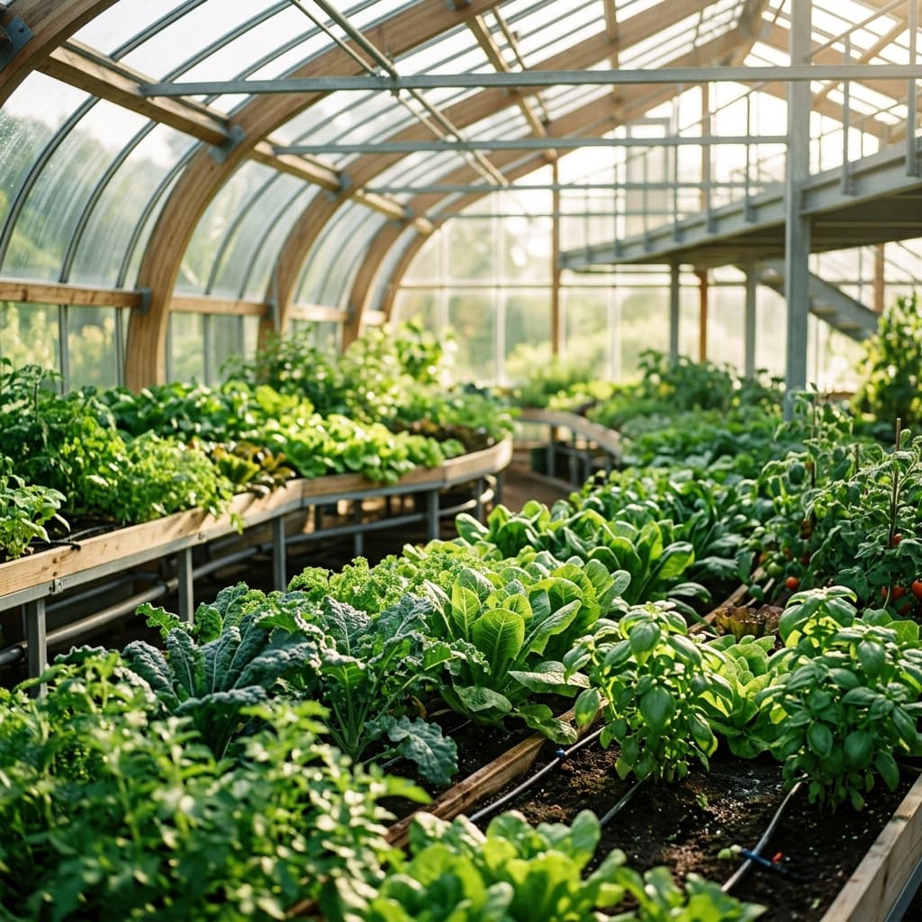 Lush organic greenhouse with sunlight filtering through vibrant green leaves